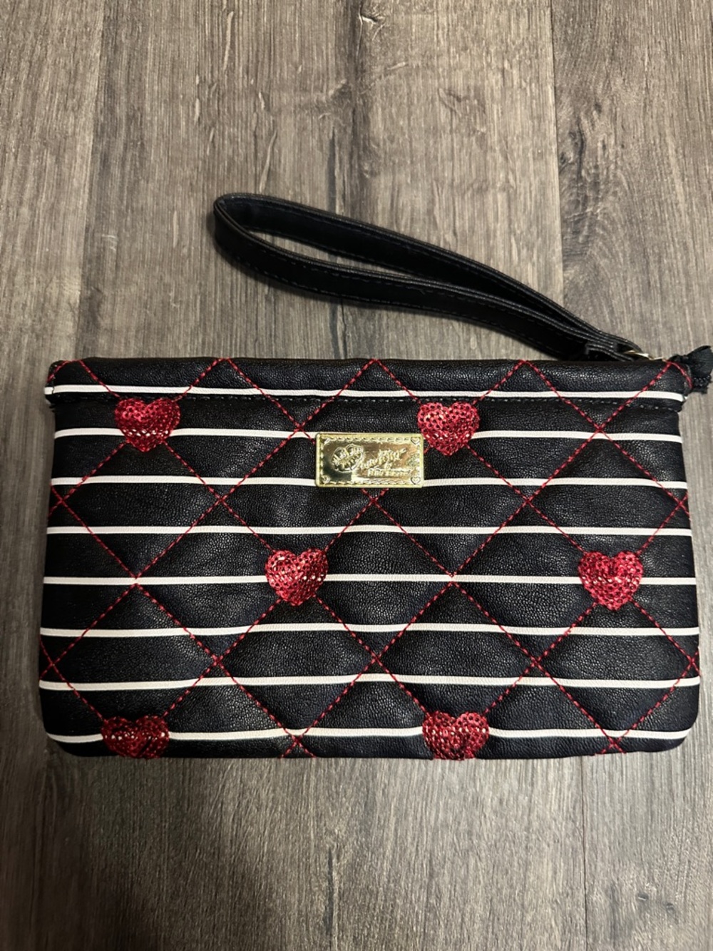 Large Betsy Johnson Black Stripe Wristlet with Red Heart Quilted Detail